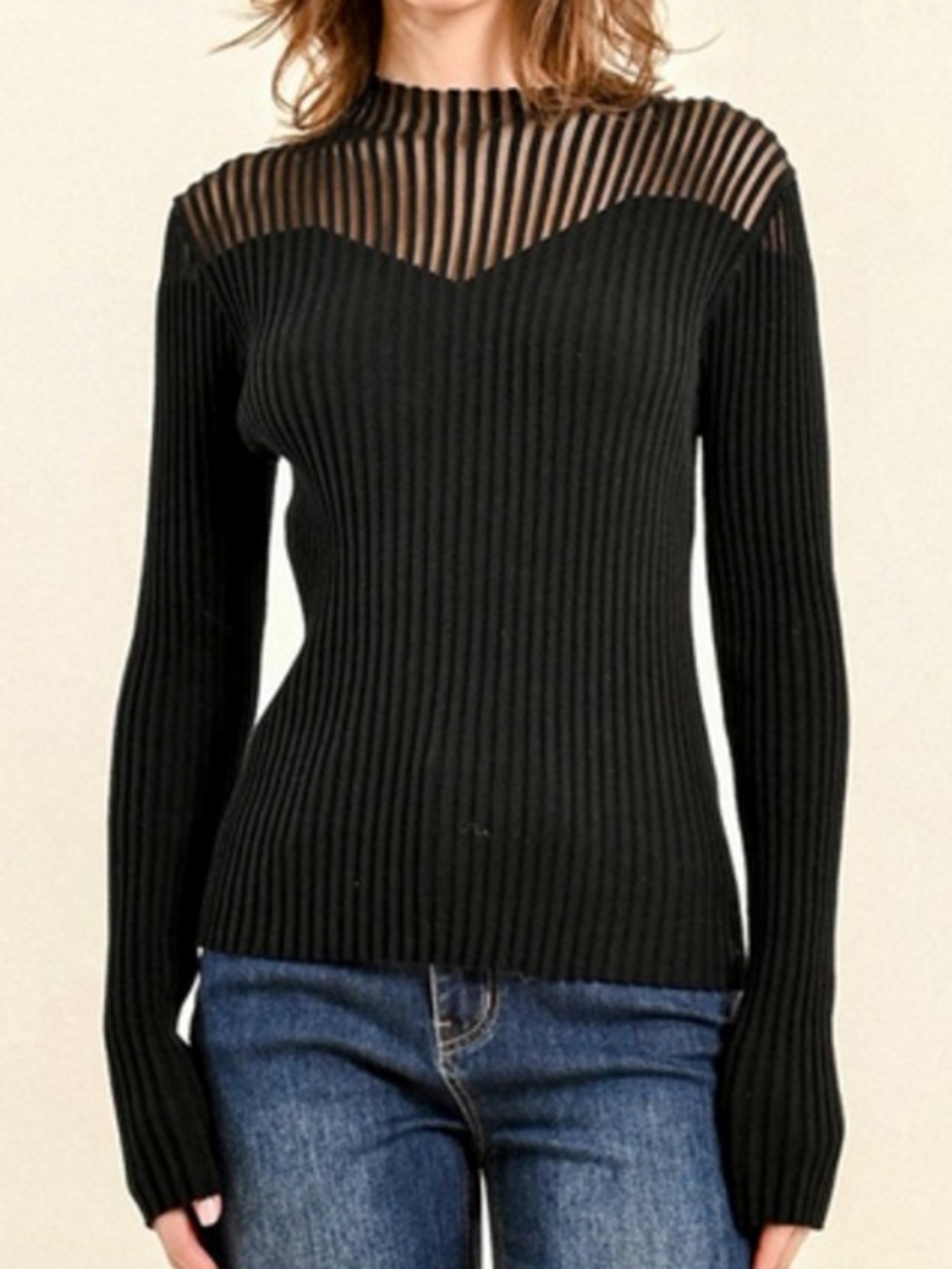 Molly Bracken Sheer Ribbed Mock Neck Sweater Black Longsleeve Size Large Stretch